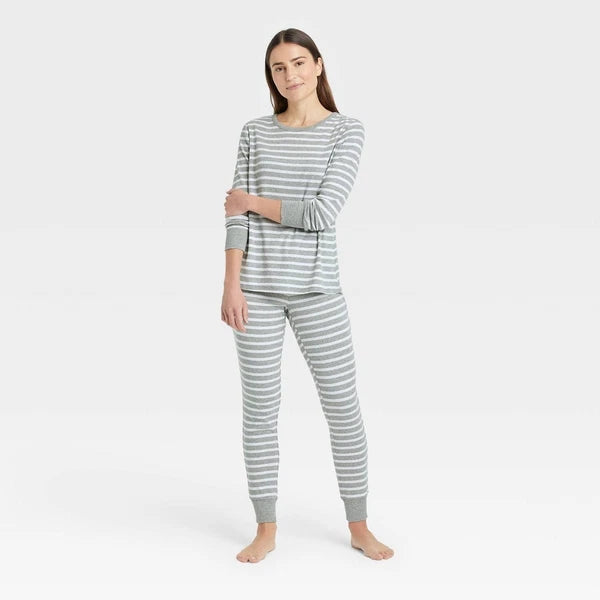 Target Brand Women's Pajama Set SMALL Long Sleeve Gray & White Stripes New