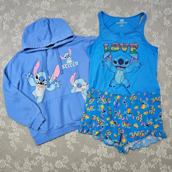 Disney Pride Stitch Pajama Set Tank Top Shorts Hoodie Blue L/G XL Sleepwear Set