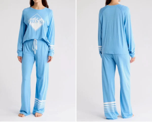 NWT PJ Salvage Blue/White APRES SKI Cotton/Rayon Jersey Knit Pajama/Lounge Set L