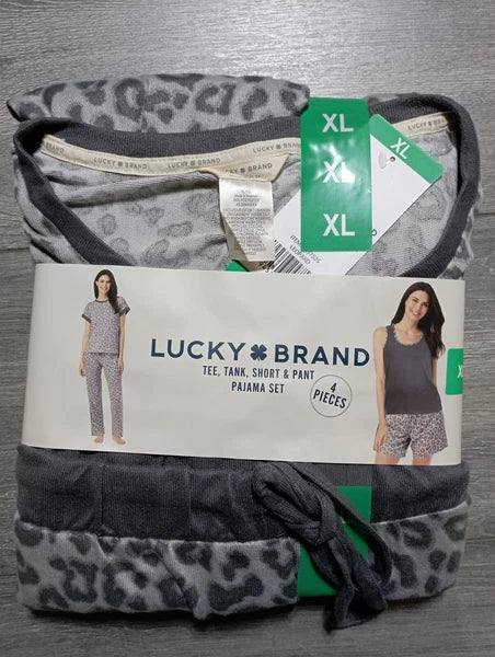 Lucky Brand Pajama Set Womens XL Cheetah *4 PC* Tee Tank Shorts Pant