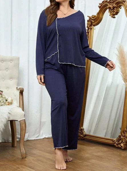 PYJAMA PLUS 24 26 NAVY RIBBED FRILL ASYMMETRIC HEM STRETCH LOUNGEWEAR COMFORT