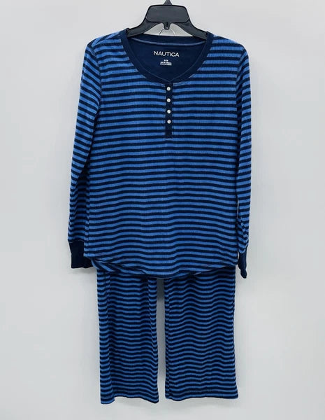 Nautica Womens Size Small Soft Fleece Striped 2 Piece Pajama Set in Blue