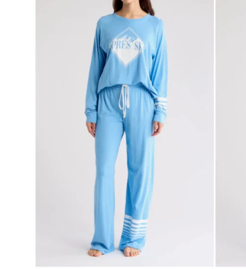 NWT PJ Salvage Blue/White APRES SKI Cotton/Rayon Jersey Knit Pajama/Lounge Set L