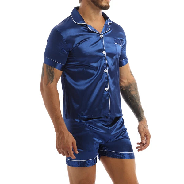 Mens Satin Nightwear Two Piece Pyjamas Pajamas Set Loungewear L-3XL-