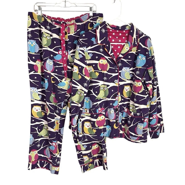 Nick & Nora Owl Pajama Set Womens XL Purple Flannel Top Bottoms Starry Night