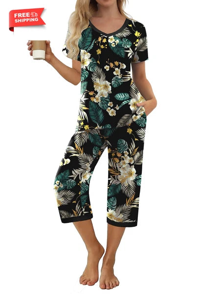 Women'S Pajama Sets Short Sleeve Shirt and Capri Soft Pajama Sets with Pockets