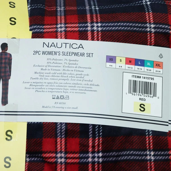 Nautica Women's 2 piece Sleepwear Set S Small Fleece Pajamas Red Blue Plaid NEW