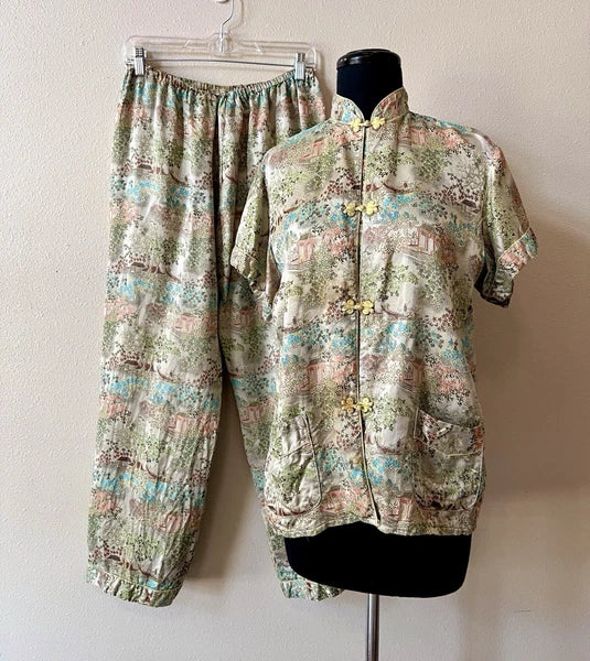 Vintage 60s Peony Brand Pajama Set Women’s XL Satin Asian Print Top Pants