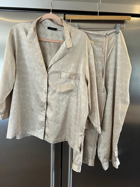 Natori XL Womens 2PC Infinity Tan Pajama Set Asian Print Cropped Pants READ