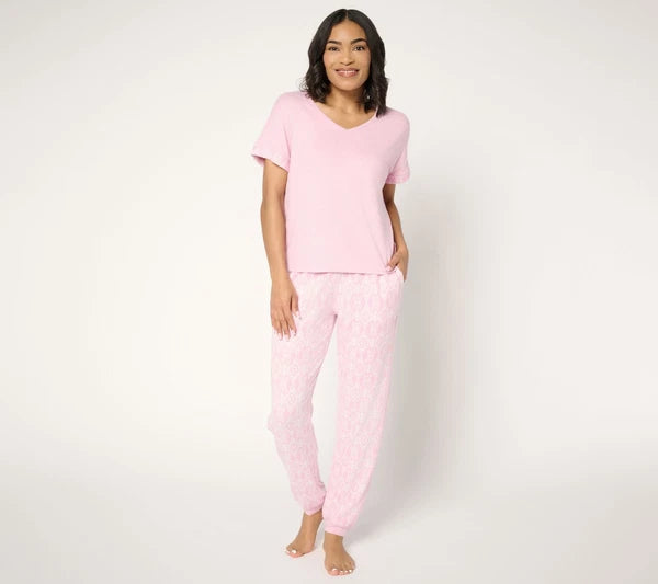 Muk Luks Sweater Knit Short Sleeve and Jogger Pajama Set Pink Ikat M New