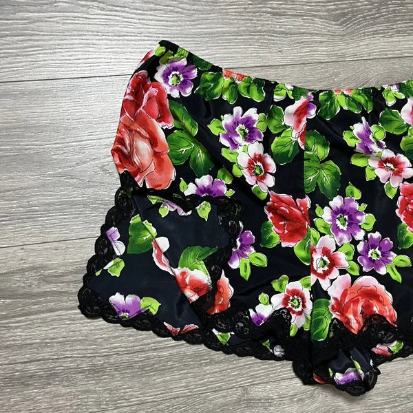 Victorias Secret VTG Gold Label Floral Lace Satin Pajama Shorts Sexy Black M