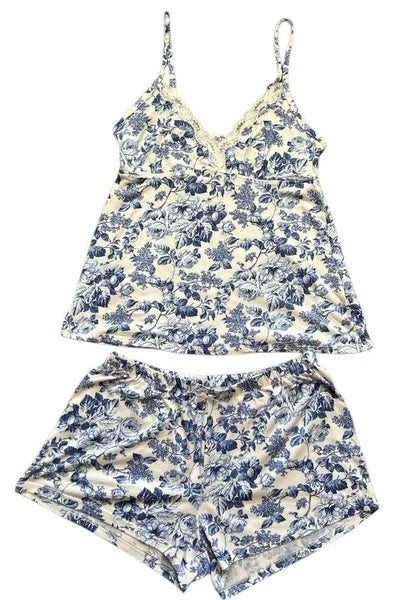 Laura Ashley Lounge Pajama Set Size Small Babydoll Lace Cami & Shorts Floral