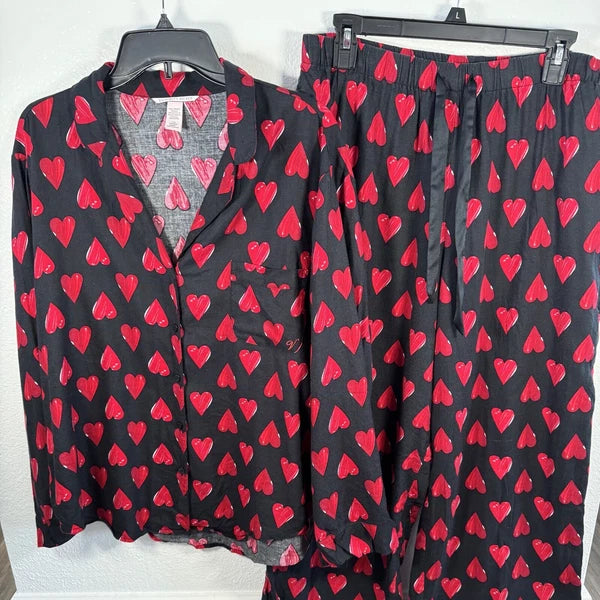 Victorias Secret Pajama Set L Heart Button Up Shirt Pant Sleepwear Cotton Black