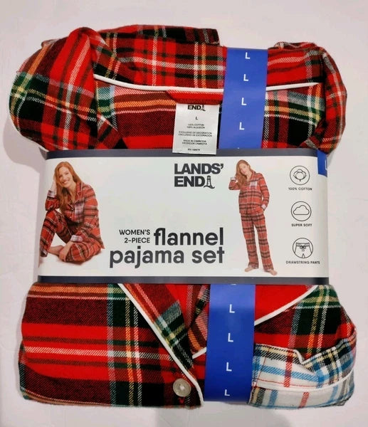 Lands End Women’s Large 2-piece Red Cotton Flannel Pajama Set NWT
