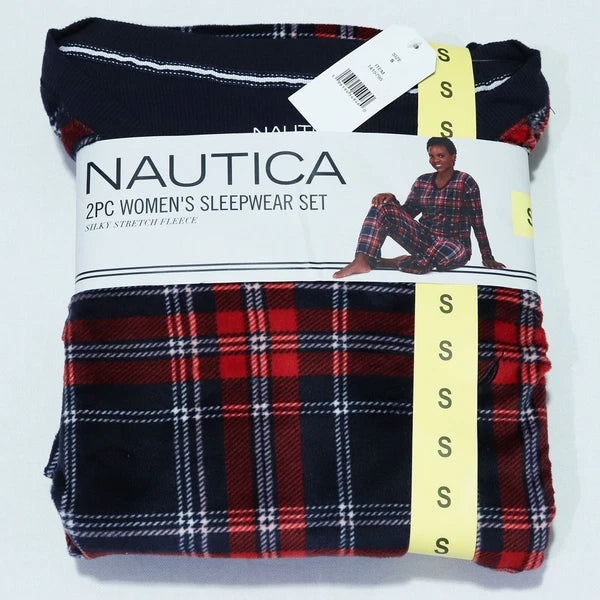 Nautica Women's 2 piece Sleepwear Set S Small Fleece Pajamas Red Blue Plaid NEW