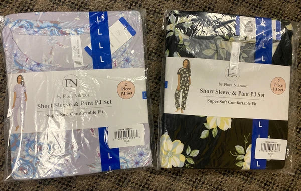 FLORA NIKROOZ SHORT SLEEVE & PANT PJ SET BLACK S,M,L & BLUE M & L NWT