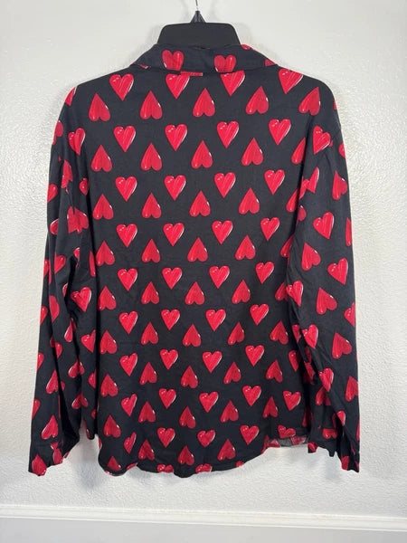 Victorias Secret Pajama Set L Heart Button Up Shirt Pant Sleepwear Cotton Black