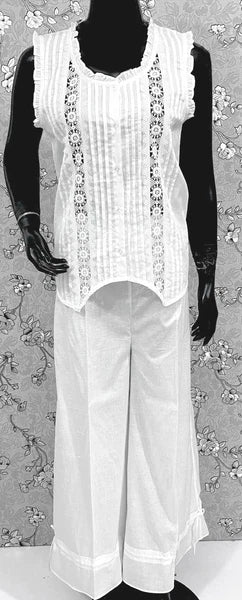 Victorian White 100% Cotton Pajama Set with Wide Leg Pants - SoieRose SR1175