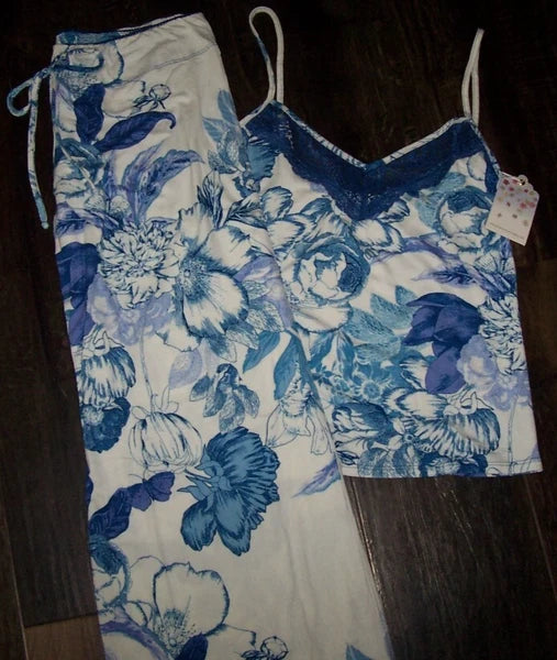 NWT In Bloom by Jonquil IVORY/BLUE/PURPLE FLORAL Knit Pajama Set L LACE Trim