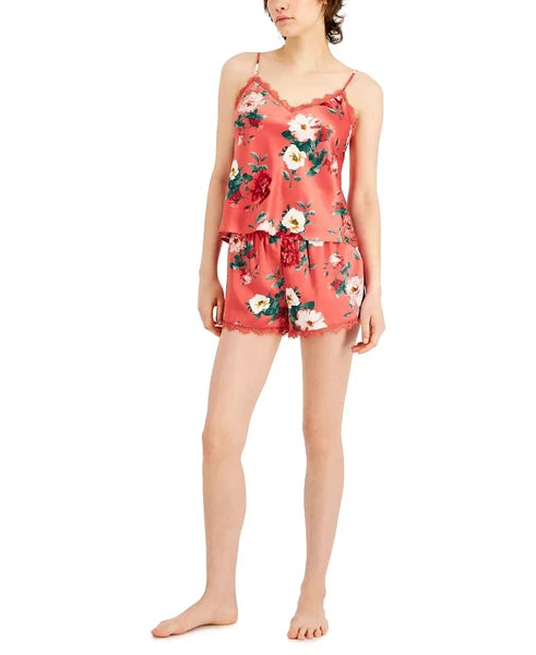 INC Women's 2-Piece Lace-Trim Cami & Shorts Satin Pajama Set, Fall Floral, Small