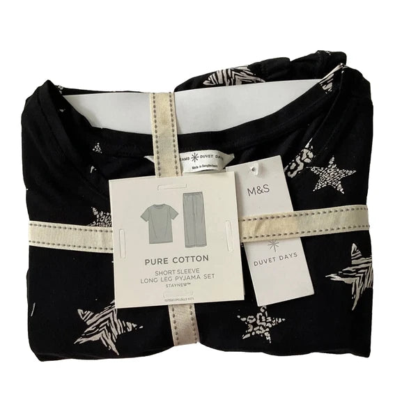 M&S COLLECTION BLACK PURE COTTON STAR PRINT PYJAMA SET