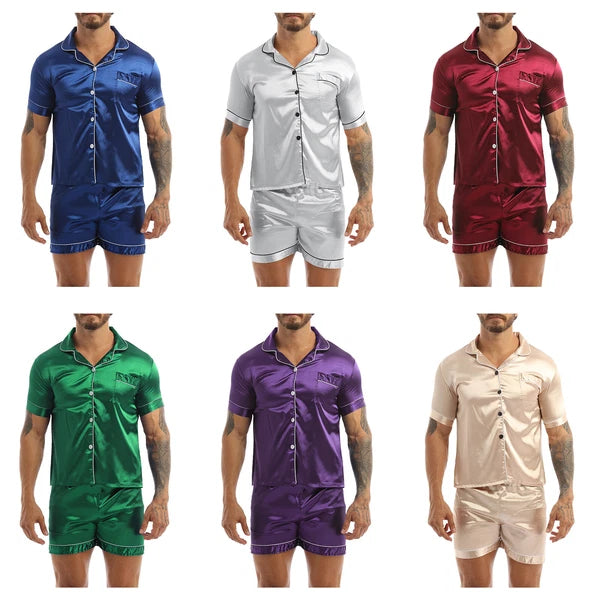Mens Satin Nightwear Two Piece Pyjamas Pajamas Set Loungewear L-3XL-