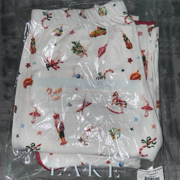 Lake Pajamas Set Pima Cotton Long-Long Sleeve Crop  Christmas White New Size S