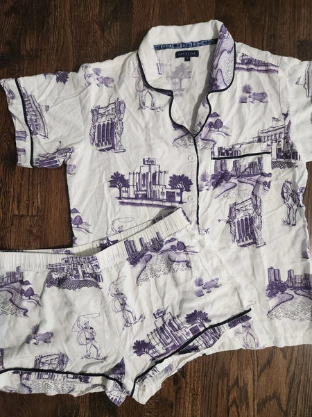 Katie Kime Fort Worth Toile Pajama Shorts set white/purple size small