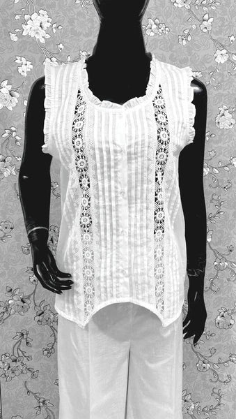 Victorian White 100% Cotton Pajama Set with Wide Leg Pants - SoieRose SR1175