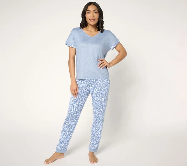 Muk Luks Sweater Knit Short Sleeve and Jogger Pajama Set Blue Leopard L New