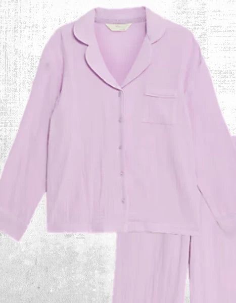 Ex M and S Women’s Long Sleeve Dobby Pattern Shirt Style Pyjama PJ Set in Lilac