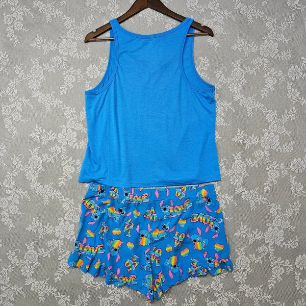 Disney Pride Stitch Pajama Set Tank Top Shorts Hoodie Blue L/G XL Sleepwear Set