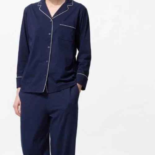 UNIQLO AIRism Women's Cotton Pajamas Long Sleeve ( Off White / Navy )  XS-3XL