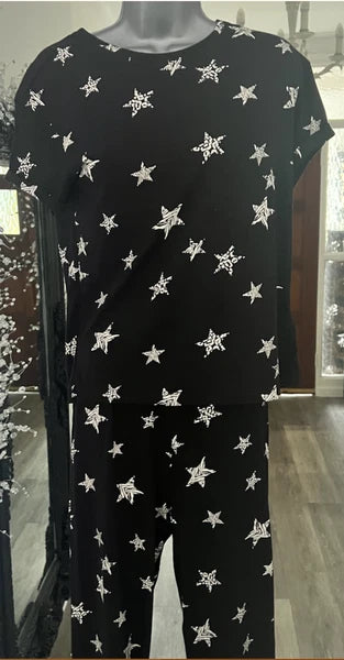 M&S COLLECTION BLACK PURE COTTON STAR PRINT PYJAMA SET