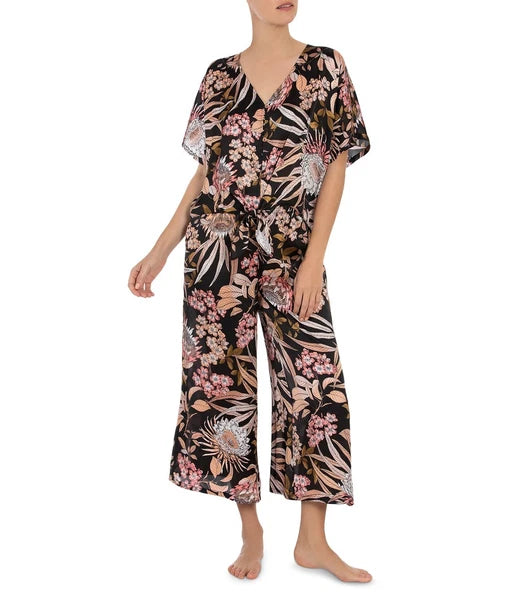 Midnight Bakery Women’s Floral Satin Crop Pajamas, Black/Peach, Medium