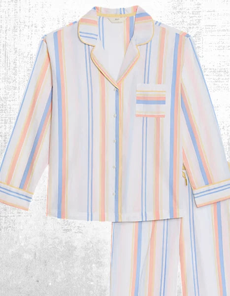 Ex M and S Women’s Long Sleeve Stripe Cotton Pyjama PJ Set in Ivory Mix
