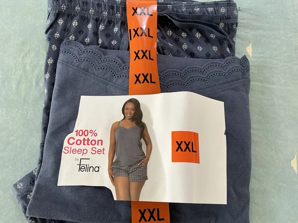 FELINA WOMAN’S 100% COTTON 2 PIECE PAJAMA SET, BLUE, CAMI SHORTS & TANK TOP, XXL