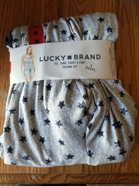 Womens Lucky Brand 3 PC PJ Pajamas Set Grey Stars Navy Blue X-Small XS